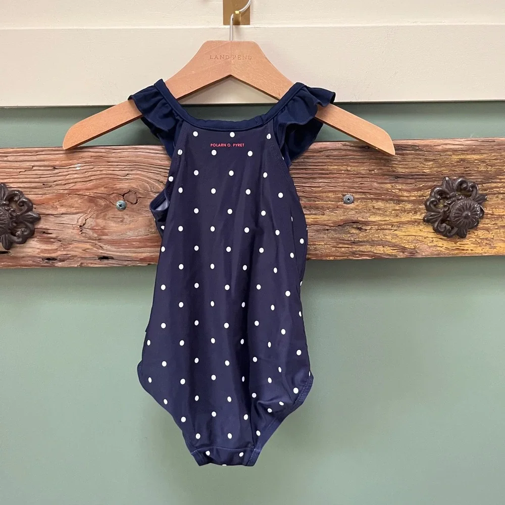 Polarn O. Pyret Navy Polka Dot Ruffle One‎ Piece Swimsuit Girls 1-2Y 86/92